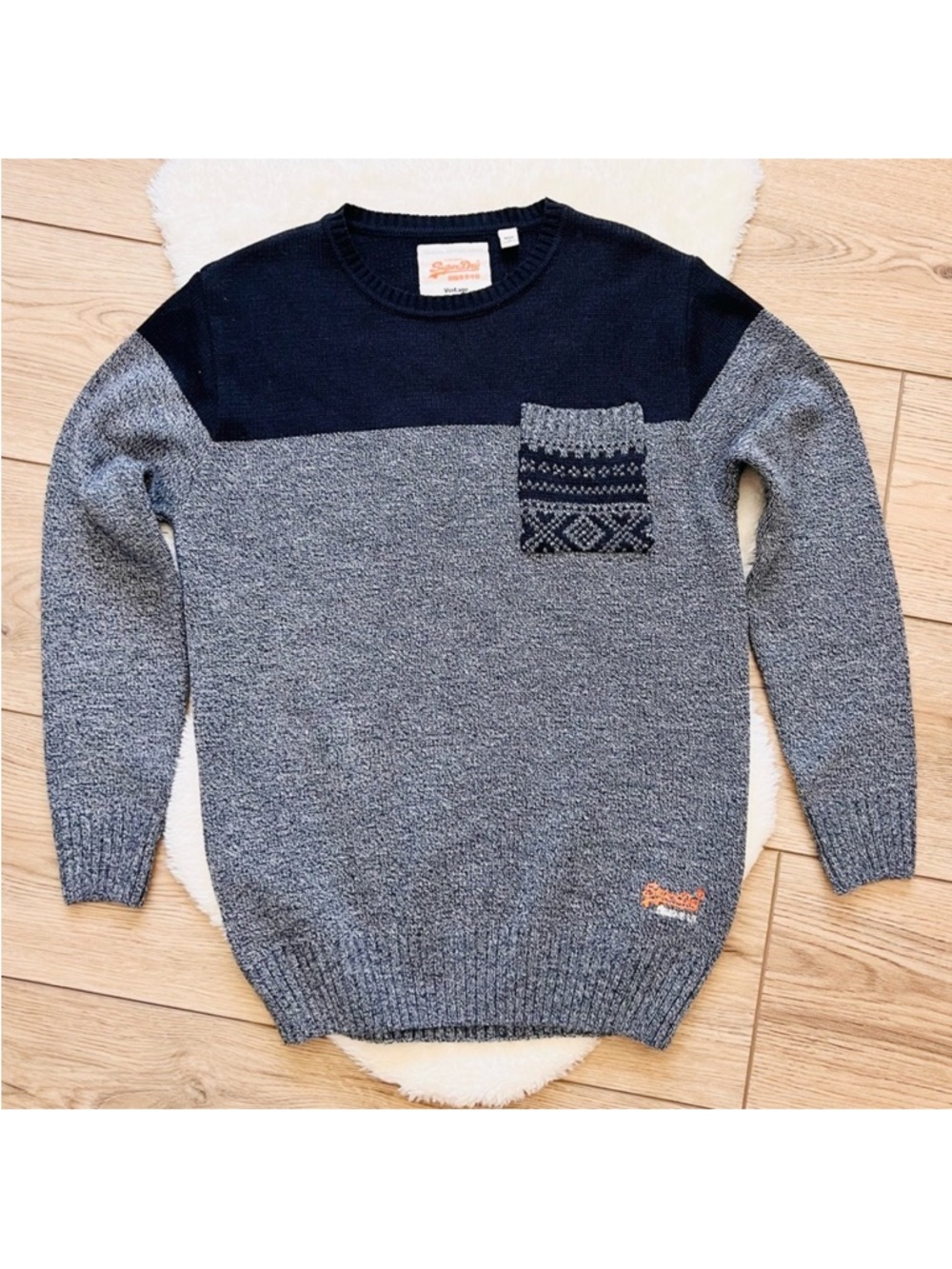 Superdry Men's Grey & Navy Crewneck Sweater with Patterned Pocket